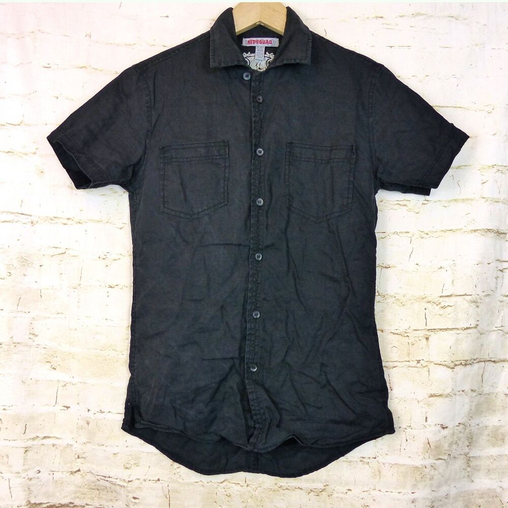 Red Squad Shirt Mens XS Black Linen Button Short Sleeve Pocket Loop Collar Y2K
